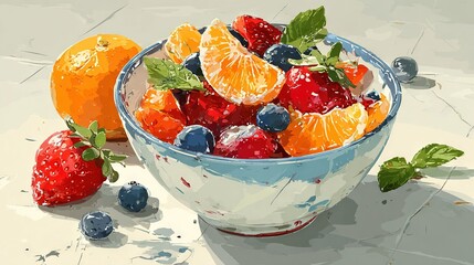   A painting of fruit on a white table featuring oranges, strawberries, and blueberries