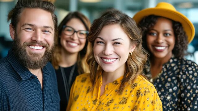 A group of young professionals from diverse backgrounds, including plus-size individuals, smiling in an inclusive office, diversity, inclusivity, interracial couples, plus-size mod