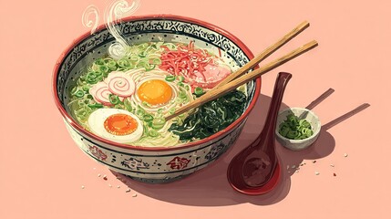   A bowl of ramen with chopsticks and a small soup