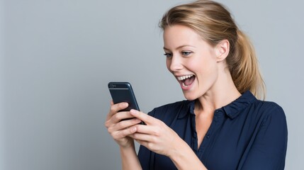 Woman happily looking at phone, reacting to good news. Communication and modern technology usage for social media or messaging.