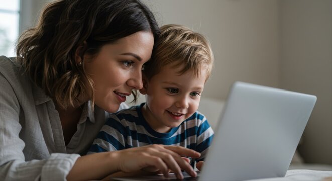 mother and young son bonding over educational content on laptop at home