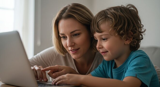 mother and young boy exploring educational content on a laptop at home