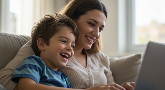 mother and son enjoying time together using a laptop indoors on a sunny afternoon