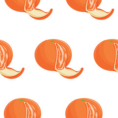 pattern with orange tangerines with one slice visible on a white background, for design, branding or packaging