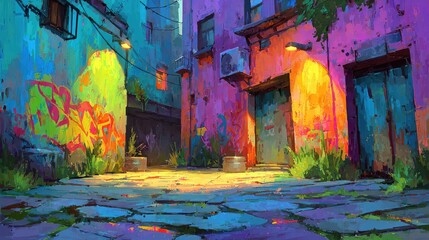 Colorful Urban Alley With Vibrant Graffiti and Glowing Lights Generative AI