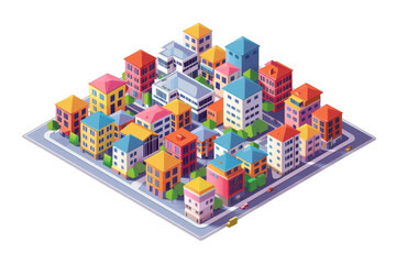 Isometric City Block with Colorful Buildings and Green Trees on Black Background