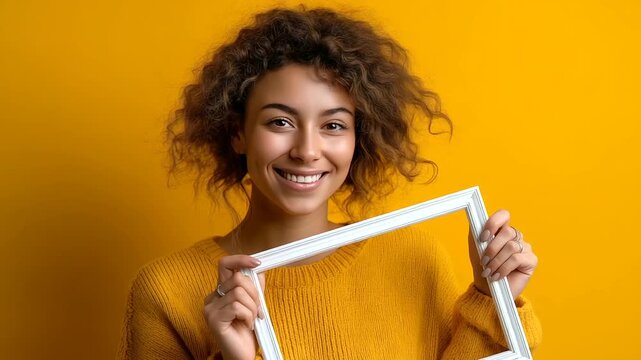 A happy young woman from a diverse background holding a white picture frame against a yellow background, diversity, inclusivity, interracial couples, plus-size models, creative por