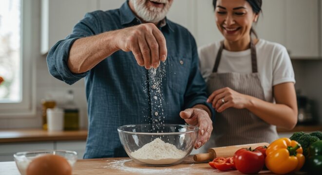 senior man and young woman baking together in kitchen with fresh ingredients and cheerful atmosphere