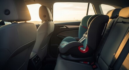 Empty child safety seat in modern car backseat during golden hour