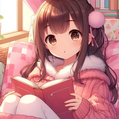 Anime illustration relax teen lady reading book pink nook education lifestyle