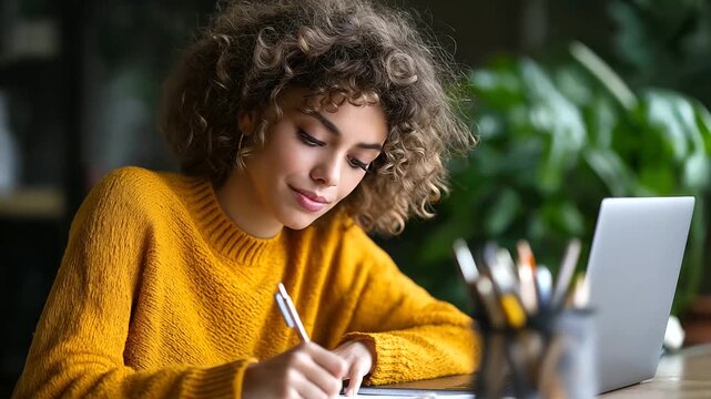 A happy young woman from a multiracial background using a laptop at a desk, taking notes during an online webinar, diversity, inclusivity, plus-size models, interracial couples, on