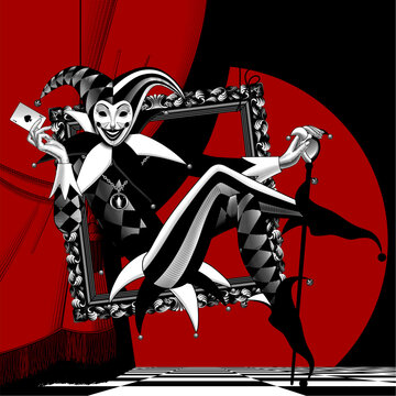 The Joker sits in a decorative frame holding a playing card in his hand on a stage with a red curtain and a checkerboard floor. Vector illustration in vintage engraving style