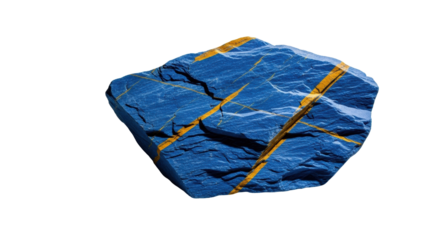 Raw, unpolished sapphire blue slate fragment with jagged ochre veins, fractured texture, on transparent with copy space and dramatic shadow, concept of geological power