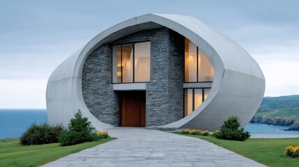Modern architectural masterpiece featuring unique oval design, constructed with concrete and stone, surrounded by lush greenery and ocean views, showcasing innovative design and contemporary living