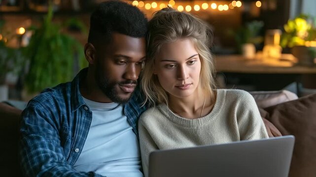 A multiracial young couple, one plus-size, watching a laptop on a cozy sofa at home, embracing inclusive technology use, diversity, inclusivity, interracial couples, plus-size mode