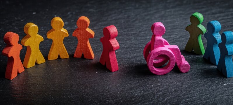 The Pink Wheelchair Figure Facing a Group of Colorful Wooden People