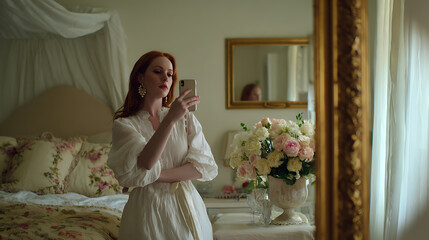 Red-haired woman in vintage white dress taking mirror selfie in floral bedroom. Warm tones, classic interior and gentle light create nostalgic tired aesthetic atmosphere