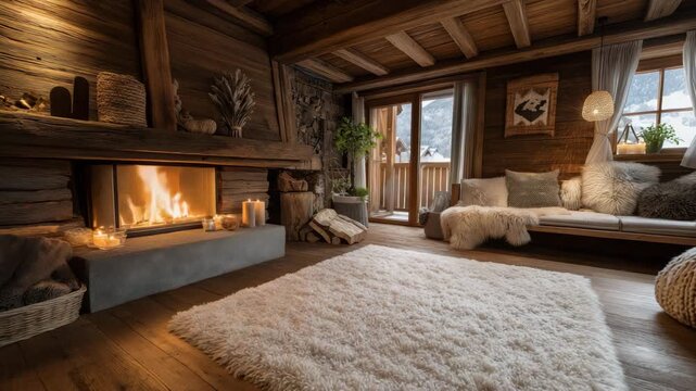 Cozy rustic living room with a warm burning fireplace in a wooden cabin. Slow zoom into a comfortable chalet interior with a view of a snowy mountain. Hygge lifestyle and winter vacation concept