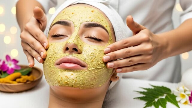 Professional Application of Ayurvedic Ubtan Mask: Cosmetologist's Hands Applying Herbal Paste on Woman's Face Closeup video.