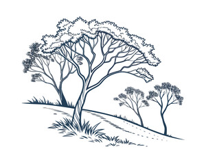 Illustration of Trees on a Hillside Landscape with Winding Path and Grasses in Serene Monochromatic Design