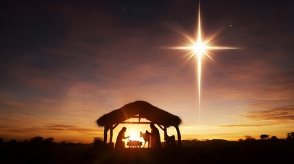 Silhouette of nativity scene under bright star at sunset with warm colors and peaceful atmosphere