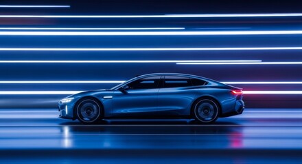 Futuristic blue electric car speeding through neon light tunnel