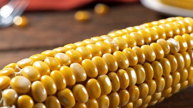 Close up of a single yellow raw fresh corn on the cob lying on a rustic wooden table with shallow depth of field