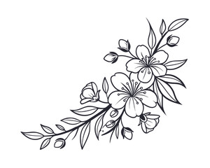 Elegant Floral Corner Design with Blossoms and Leaves Black and White Line Art for Greetings and Invitations Delicate Botanical Illustration