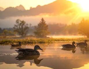 Ducks in Golden Light - Serene Morning on the Lake.