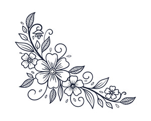 Elegant floral corner design with delicate line art flowers and leaves for graphic design projects and creative decorations providing a graceful touch