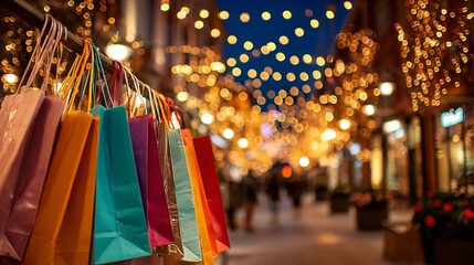 Vibrant shopping bags hanging invitingly on a bustling street adorned with festive bokeh lights, capturing the joy of retail therapy.