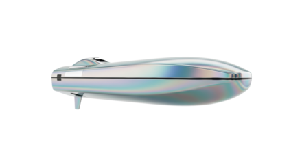 A sleek, iridescent silver and teal minimalist research vessel gently hovering in a high-key studio shot against a transparent background with copy space. Concept of peaceful scientific discovery