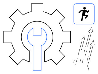 Gear with wrench inside, jumping human icon, and rising arrows. Ideal for innovation, engineering, mechanics, productivity, growth problem-solving advancement. Represents simple flat metaphor