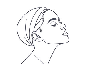 Elegant Woman with Headscarf in Profile Minimalist Line Art Style Vector Illustration Serene and Contemplative Depiction of Femininity Grace and Beauty