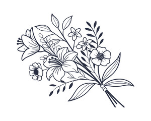 Elegant Floral Bouquet Line Art Illustration for Weddings and Celebrations Delicate Black and White Flower Design