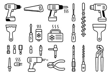 Various hand tools and power tools illustrated with clear outlines for DIY projects and home improvement tasks