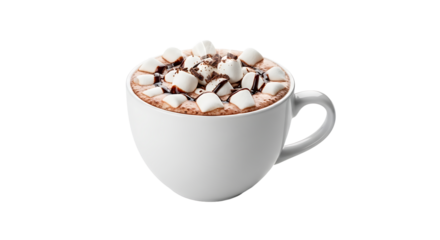 Hot chocolate with marshmallows in a white cup isolated on transparent background