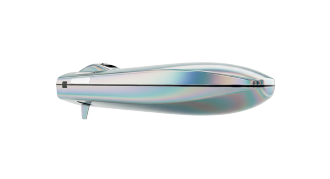 A sleek, iridescent silver and teal minimalist research vessel gently hovering in a high-key studio shot against a transparent background with copy space. Concept of peaceful scientific discovery