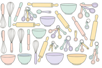 Colorful kitchen utensils and tools arranged in a playful pattern for baking and cooking enthusiasts