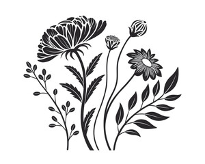 Elegant Floral Vector Illustration in Black and White featuring Various Flower Types and Leafy Branches perfect for invitations and design accents