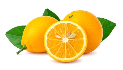 Fresh Oranges with Green Leaves and a Sliced Orange.