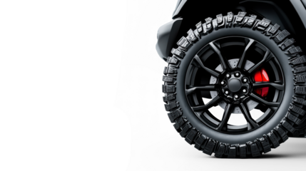 Rugged Off-Road Wheel with Red Brake Caliper  on Transparent Background