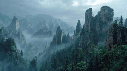 Dramatic, mystical landscape featuring towering karst stone pillars and sheer cliffs rising from a deep, fog-filled valley. Lush pine forests cling to the rock formations under a moody, overcast sky