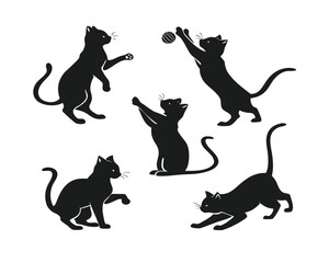 Black Cat Silhouette Set Collection of Feline Characters Playing and Stretching Graceful Domestic Animals Vector Design Elements for Graphic Projects