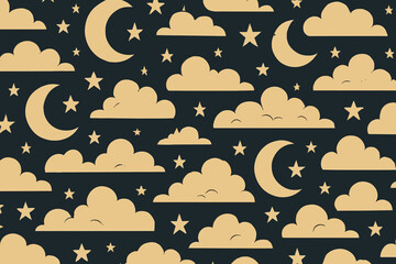 Clouds, moons, and stars create a calming night sky pattern in soft beige on a dark backdrop