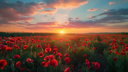 Fototapeta premium Enchanting sunrise over field of vibrant red poppy flowers landscape