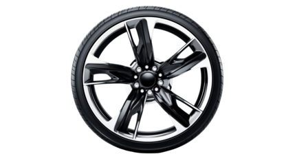 Sleek black alloy wheel on transparent background