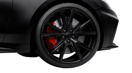Black Car Wheel with Red Brake Caliper  on Transparent Background