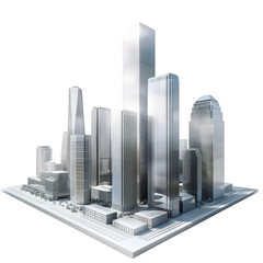 Architectural Model of a Modern City Skyline with Tall Glass Skyscrapers on a White Platform