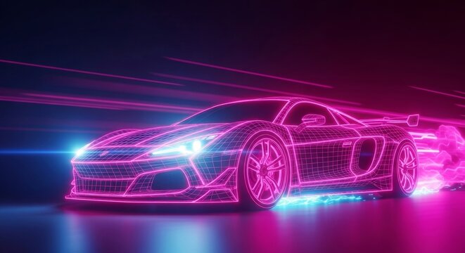 Futuristic neon wireframe sports car speeding through digital cyberpunk background - Powered by Adobe